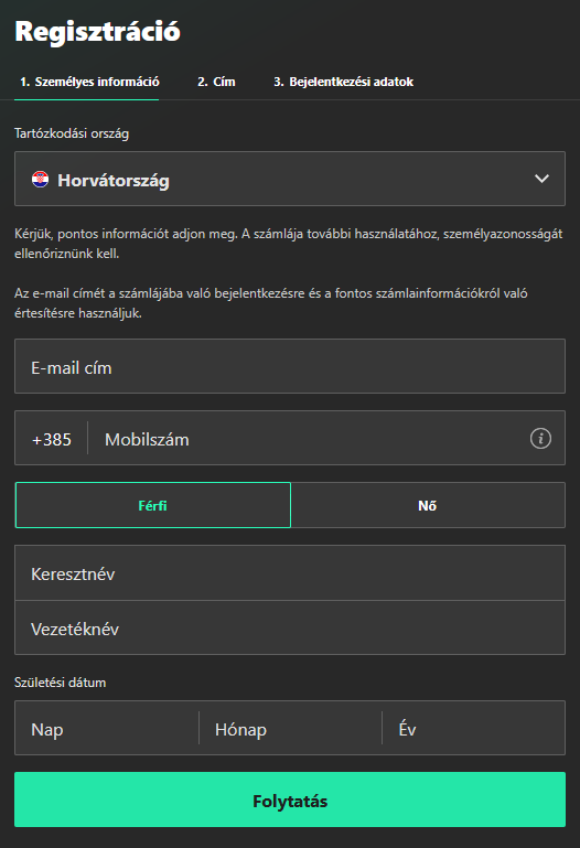 Regisztrációs űrlap kitöltési mezőkkel